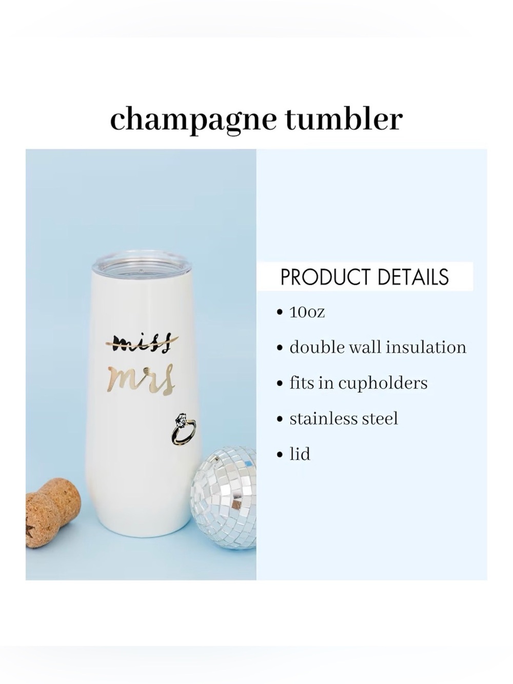 Kate Spade Stemless Champagne Stainless Steel Tumbler with Lid, Miss to Mrs